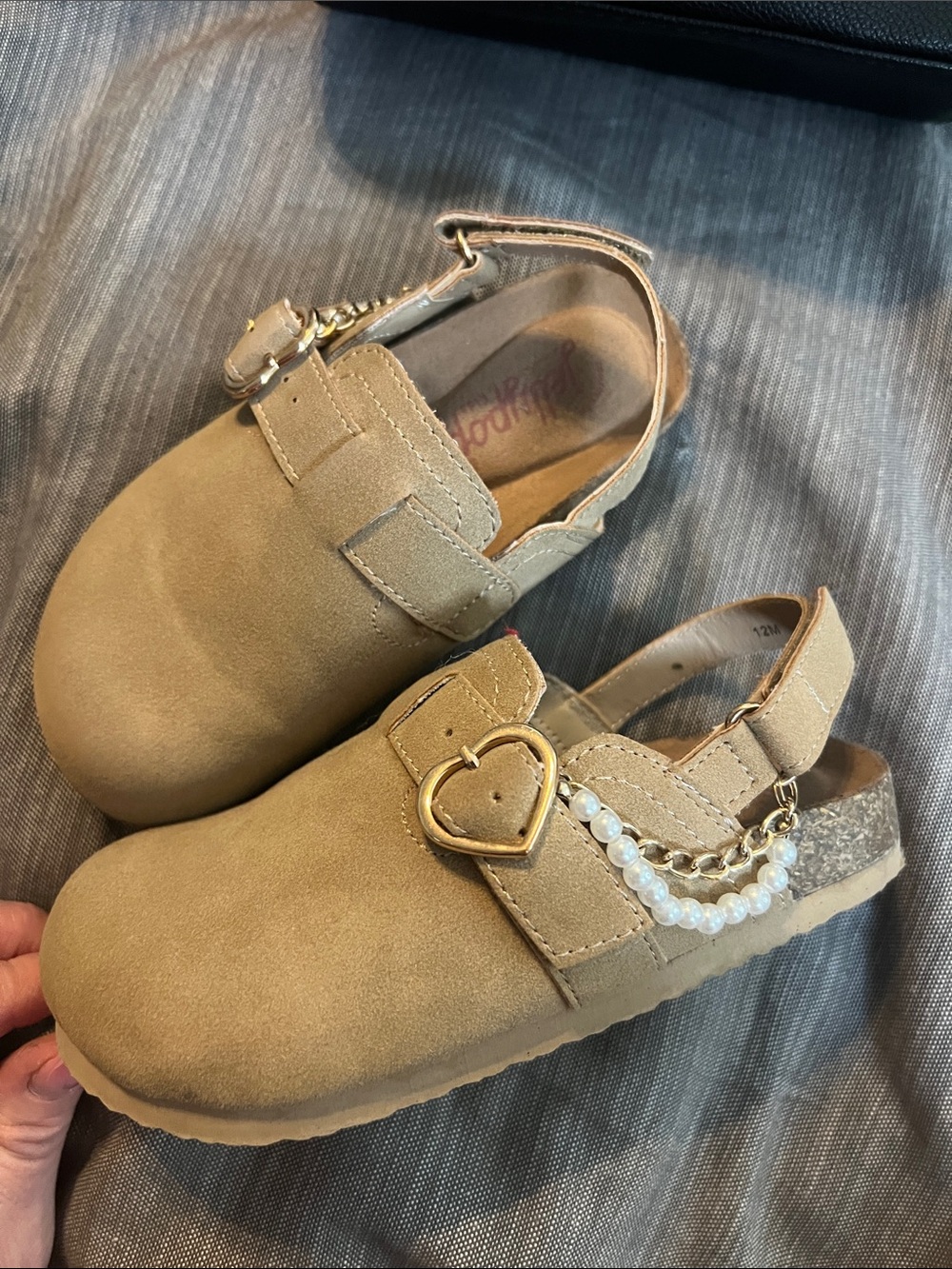 Kids Tan Suede Clog Sandals with Heart Buckle and Pearl Detail